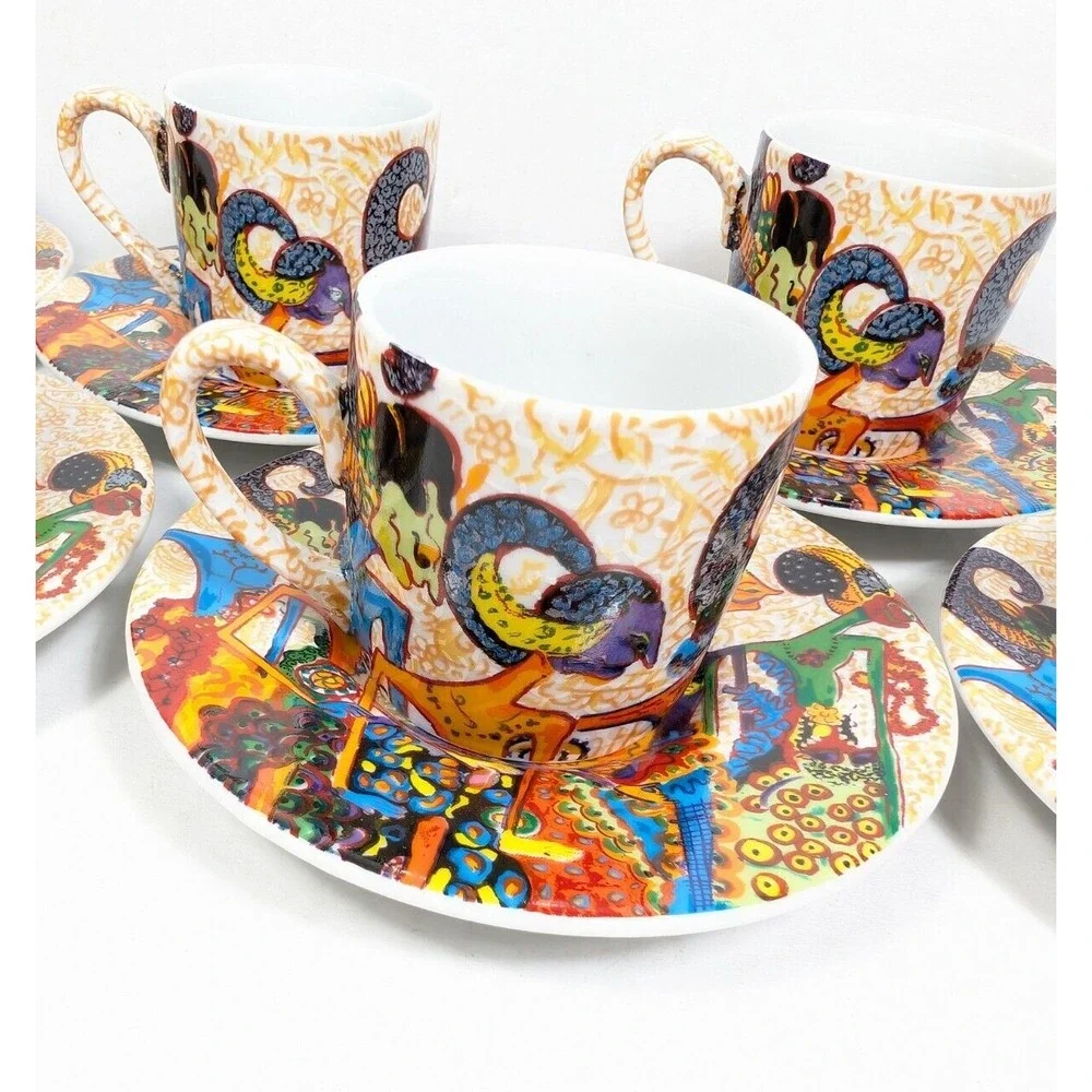 Pacita Abad Espresso Set‎ Mini Cup Mug Saucer Porcelain RARE Wayang Pandawa Lima